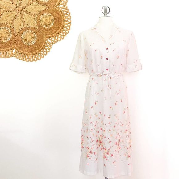 Vintage 1950s Retro Cottagecore Dress, Mid Century Boho Fairy Floral Shirt Dress - Picture 2 of 14
